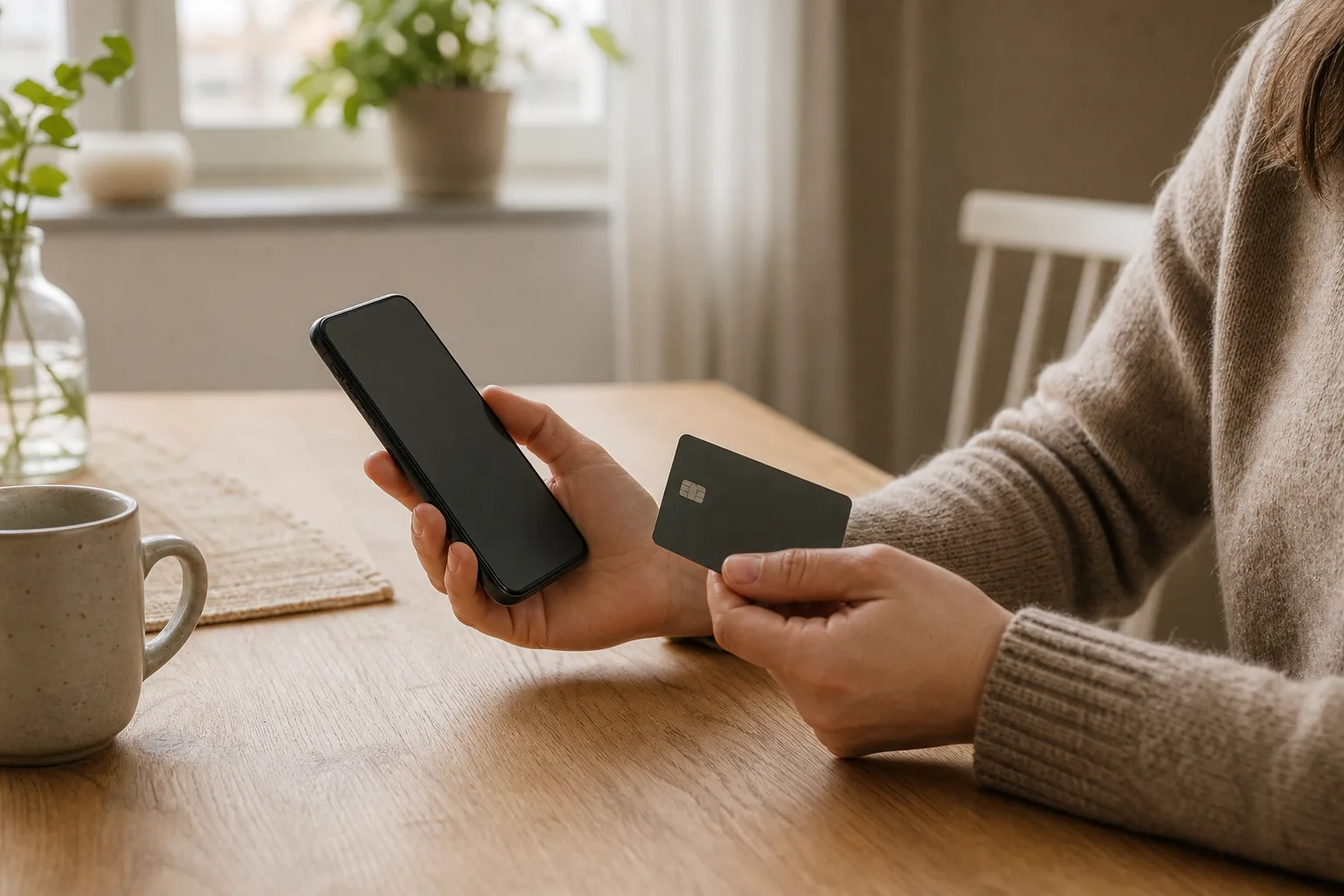 Delbetalning av mobil med kort vid bordet